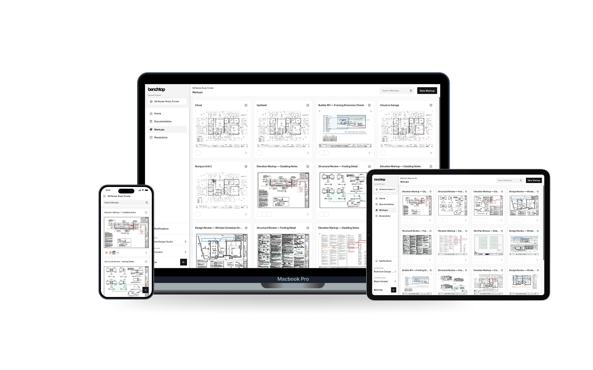 Digital markup tools annotating architectural drawings in Benchtop