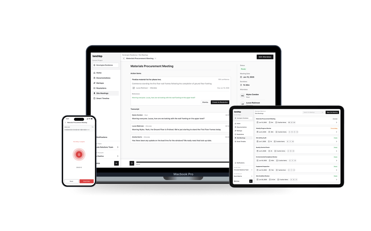 Site meetings feature showing audio recording and transcription across laptop, tablet and mobile devices